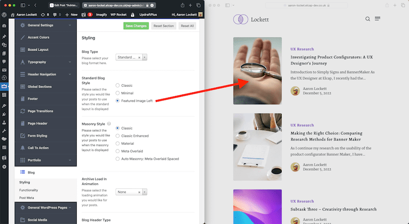 A screenshot showing how the settings of the WordPress theme affects the front-end