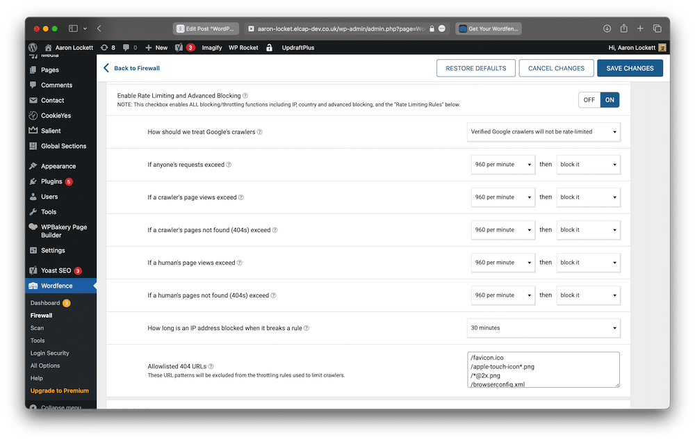 Security settings within WordFence